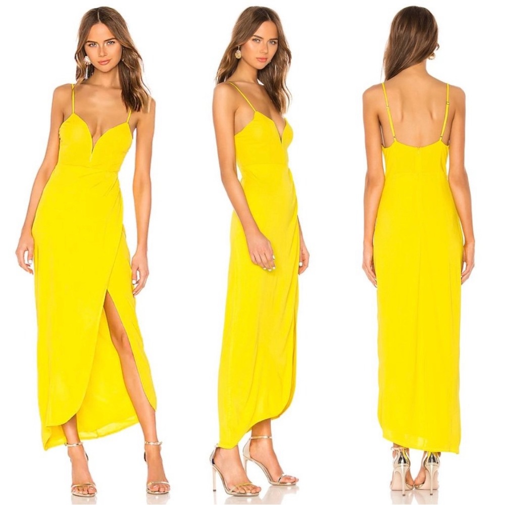 Revolve NBD Evgeny Canary Yellow Side Split Plunge Neck Gown Maxi Dress - Small